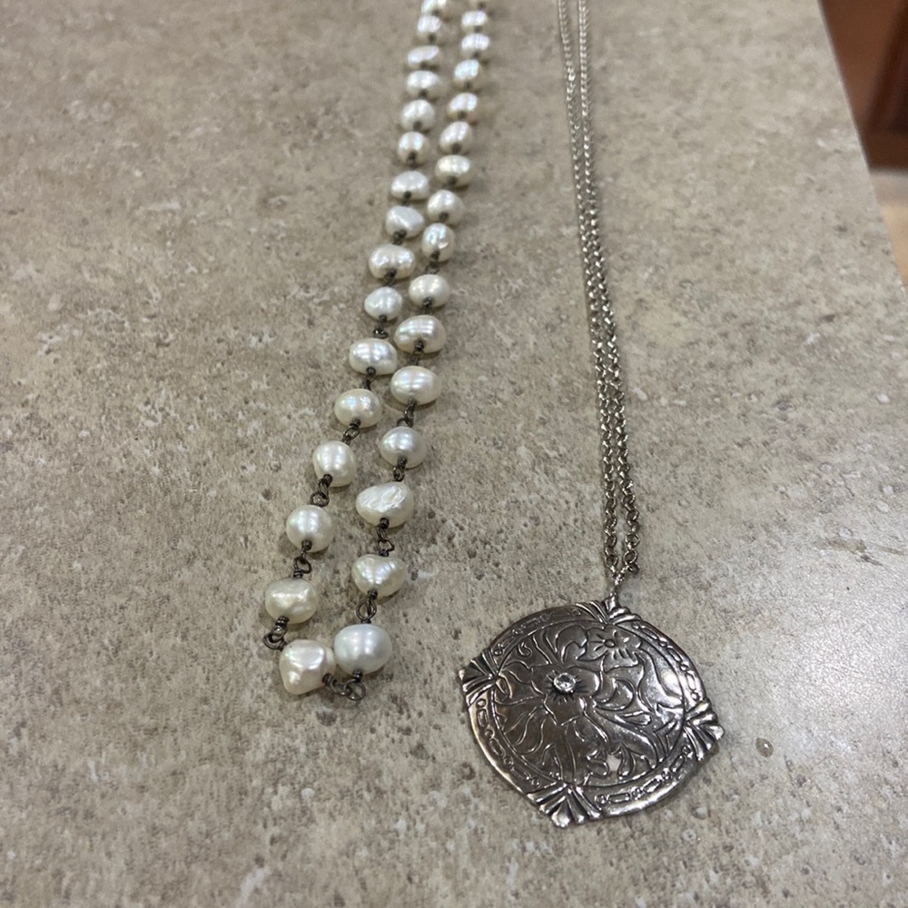 SILPADA pearl 16in and silver with charm 16.5in frm clasp to charm in middle EUC